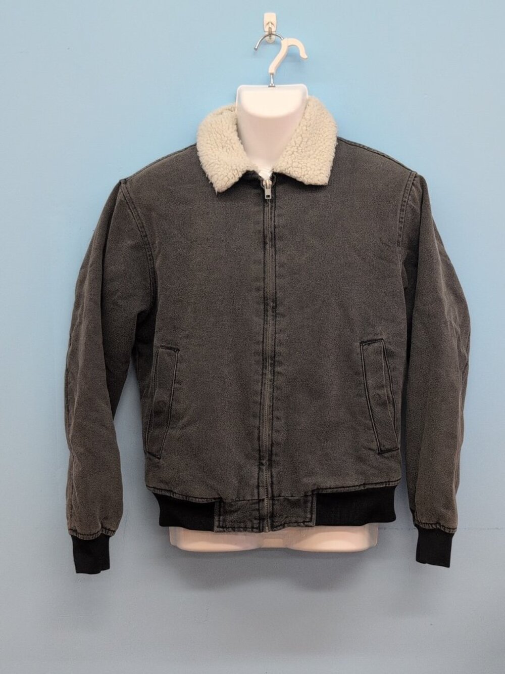 Forever 21 Mens Charcoal Denim Jacket Sherpa Fleece Collar Small